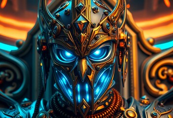 Futuristic Warrior Mask with Glowing Eyes Detailed Robot Portrait