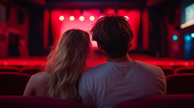 Couple enjoying a romantic movie night in an empty theater with red lighting and atmospheric ambiance in cozy seating