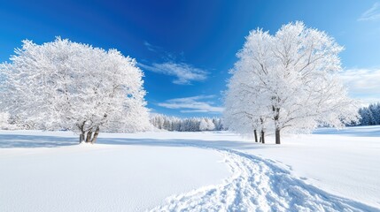 Snowy landscape, winter trees, footpath, clear sky