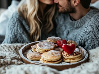 Cozy couple in sweaters enjoying breakfast in bed with pancakes and romantic red heart decorations on a winter morning
