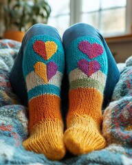 Cozy hand-knitted socks with colorful heart patterns on feet, person relaxing indoors on a bed during a winter day