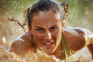 Determined athlete crawling through challenging muddy obstacle course during intense outdoor race showcasing strength, endurance, perseverance, competition, and raw human grit