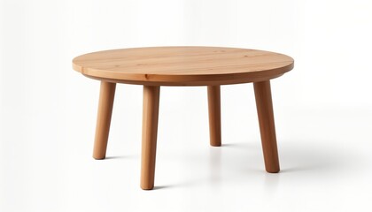Fototapeta premium Empty round wooden table on white background. Simple design with straight legs. Natural wood grain visible on surface. Suitable for various home interior styles. Ideal for home decor items.