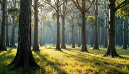 Serene eucalyptus forest landscape. Sunlight filters through tall trees casting long shadows on vibrant green grass. Peaceful, tranquil atmosphere in Australian bush. Beautiful natural light,