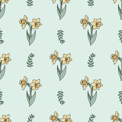 Obraz premium Seamless pattern with daffodils on a green background