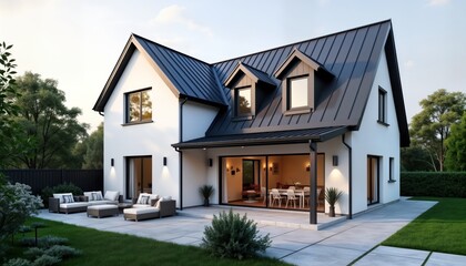 Modern two-story house with pitched roof, dormer windows. Scandinavian style exterior. Patio with garden furniture. Spacious lawn. Contemporary design. Exterior shot of residence. Summer day.