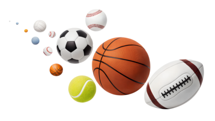 Variety of sports balls in dynamic arrangement