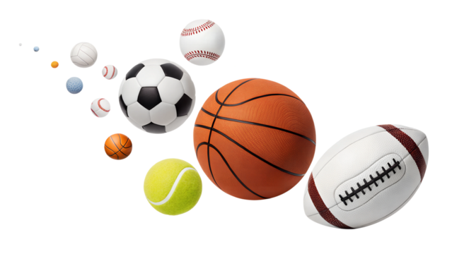 Variety of sports balls in dynamic arrangement