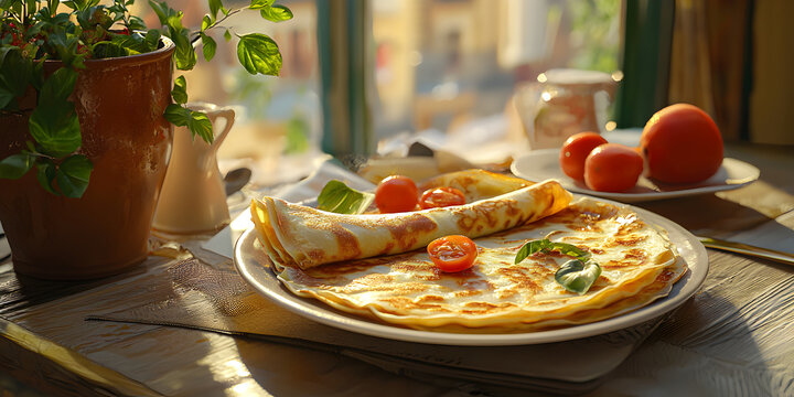 Delicious and Healthy Breakfast: Savory Omelette with Fresh Tomatoes and Greens - A Cozy Indoor Brunch Experience with Vibrant Colors and Natural Aroma on a Rustic Wooden Table - Powered by Adobe
