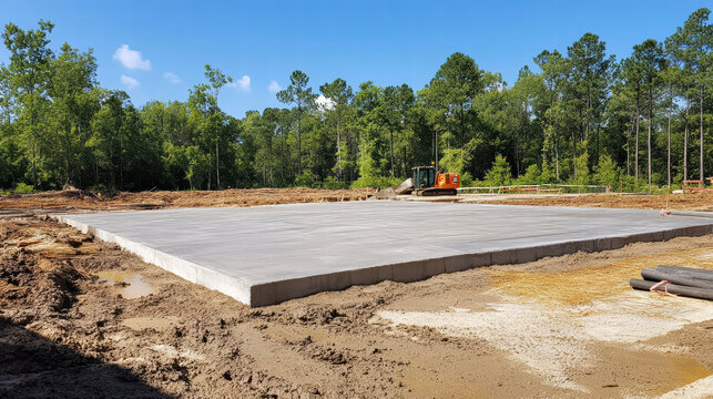 cement slab being poured for new foundation in construction site surrounded by trees and clear blue skies. scene conveys sense of progress and development