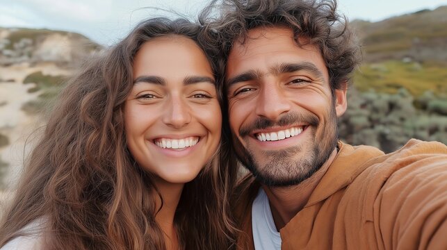 Happy couple taking a selfie together in a natural outdoor setting, smiling and embracing, capturing a joyful and loving moment