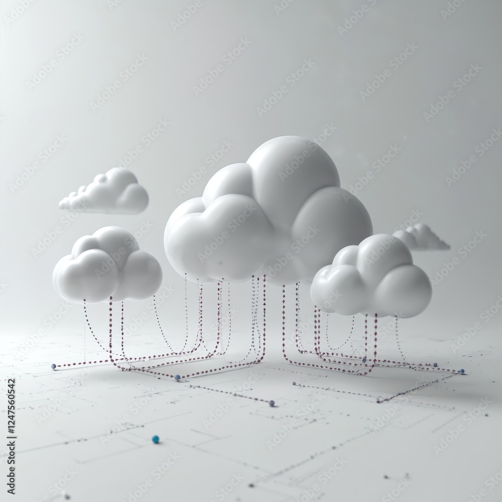 Poster conceptual 3d render of cloud computing. fluffy white clouds float in cyberspace. elegant lines conn