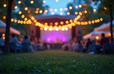 Outdoor event space at twilight. String lights illuminate trees, lawn. Stage lights glow in background. People relax, enjoy event. Perfect for summer party concert atmosphere. Vibrant colors,