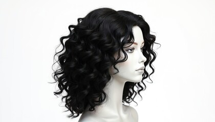 Stylish black curly wig on mannequin head. Woman wig model isolated. Hair beauty products. Trendy hair style. Fashionable hair accessory. Hair salon. Hair care products. Hair extensions. Wig store.