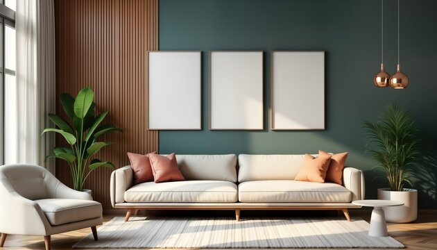 Modern living room design mockup. Empty wall with three vertical frames. Beige couch with peach cushions. Wooden accent wall. Houseplant. Empty frames ready for photos artwork. Interior design mockup