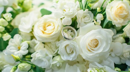 Obraz premium white rose wedding bouquet with rings