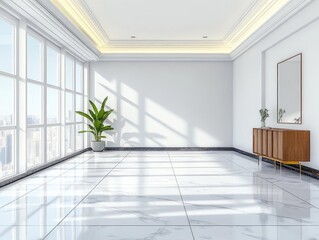 Fototapeta premium Modern Room Design: White Walls, Marble Floor, Sunlight