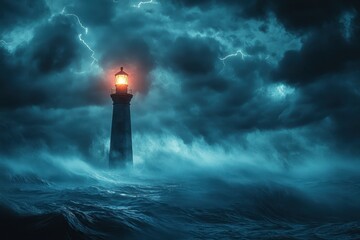 Lighthouse in the middle of a turbulent ocean storm, waves crashing fiercely.