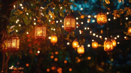 A beautifully decorated Diwali kandil glowing in the night