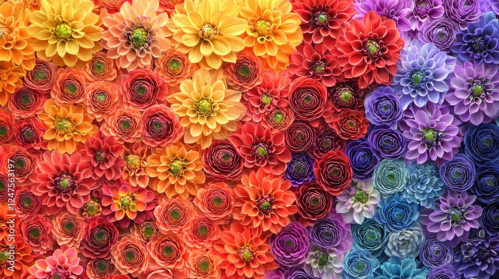 Aufkleber A vibrant array of dahlias and ranunculus blossoms, bursting with color, creates an eye-catching display. Their intricate petals draw attention in a lively market setting alive with visitors