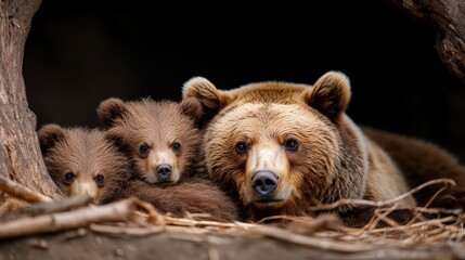 Obraz premium A heartwarming image showcasing a mother grizzly bear and her two adorable cubs nestled together in a lush, cozy environment, conveying themes of nature and family intimacy.
