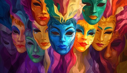 A seamless and abstract illustration of drama masks in various vibrant colors
