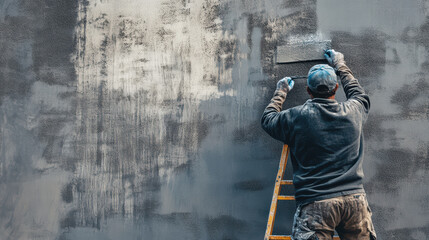 worker applying decorative finish to cement wall using trowel while standing on ladder. process showcases craftsmanship and attention to detail in wall treatment