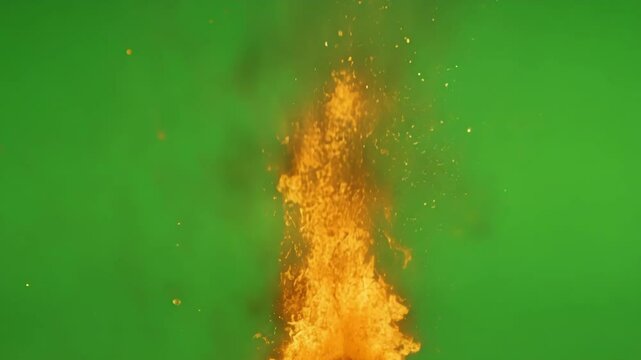 A concentrated flame bursts into a small explosion sending tiny embers into the air. Green screen chromakey