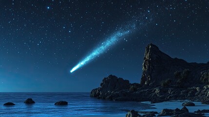 Night Sky Spectacle: A Luminous Comet Streaks Across the Starry Heavens