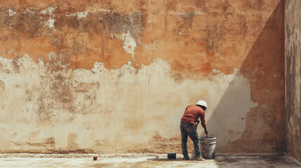 worker applying cement to foundation against weathered wall, showcasing dedication and craftsmanship in construction. scene captures essence of hard work and determination