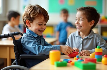 Boy child in wheelchair plays with friends at school table. Happy children play with colorful toys. Inclusion, diversity in special needs education. Joyful playtime in supportive learning environment.