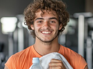 Smiling young man holding water bottle and towel in modern gym environment after a workout with fitness equipment