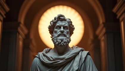 Ancient marble statue sculpture. Stoic man statue in historical building. Inspirational, timeless art piece. Dramatic lighting statue details. Ancient architectural style background. Motivational
