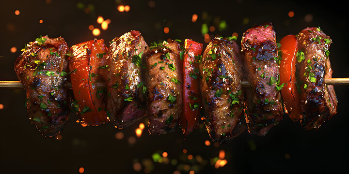 Juicy Gourmet Kebabs: Delicious Grilled Meat Skewers with Vegetables, Spices, and Herbs for Perfect Summer BBQs, Appetizers, and Dining Experiences Outdoors - Powered by Adobe