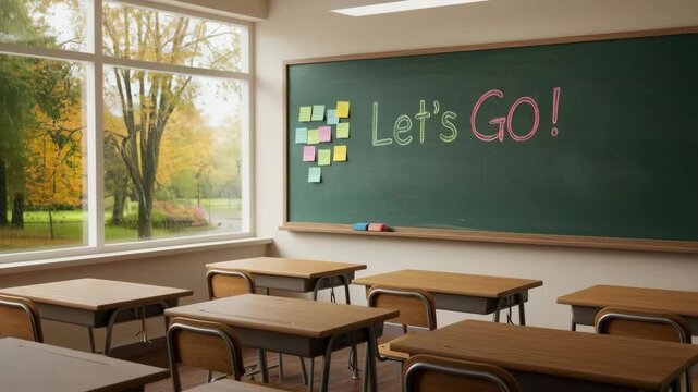 Empty classroom school chalkboard that says Let's Go