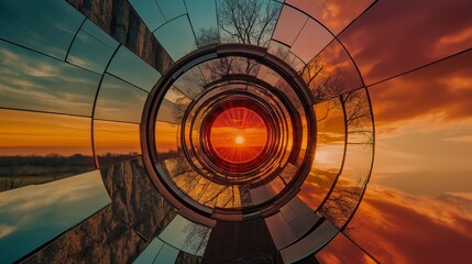 Fototapeta premium Stunning abstract sunset view through geometric mirrored tunnel showcasing vibrant colors and reflections in a surreal artistic landscape
