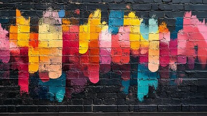 Vibrant Brick Wall Mural: A captivating close-up of a dark brick wall transformed by a vibrant mural of colorful, vertical paint strokes, creating a dynamic and artistic display. - Powered by Adobe