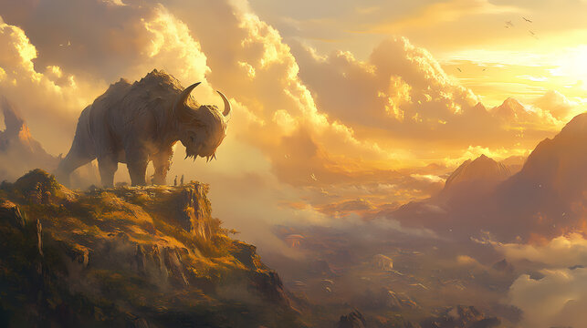 Gigantic, horned baluchitherium stands proudly on misty prehistoric landscape, bathed in golden sunlight, surrounded by dramatic clouds and lush hills. Gigantic Creatures. Illustration
