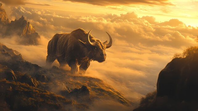 Gigantic, horned baluchitherium stands proudly on misty prehistoric landscape, bathed in golden sunlight, surrounded by dramatic clouds and lush hills. Gigantic Creatures. Illustration