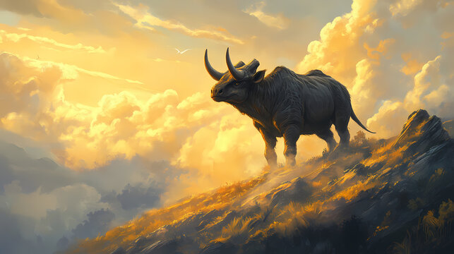 Gigantic, horned baluchitherium stands proudly on misty prehistoric landscape, bathed in golden sunlight, surrounded by dramatic clouds and lush hills. Gigantic Creatures. Illustration