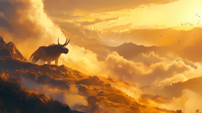 Gigantic, horned baluchitherium stands proudly on misty prehistoric landscape, bathed in golden sunlight, surrounded by dramatic clouds and lush hills. Gigantic Creatures. Illustration