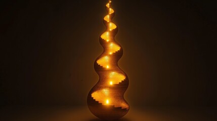 Surreal image of a glowing onion shaped like a spiral staircase, each step illuminated with golden light, floating in a dark void