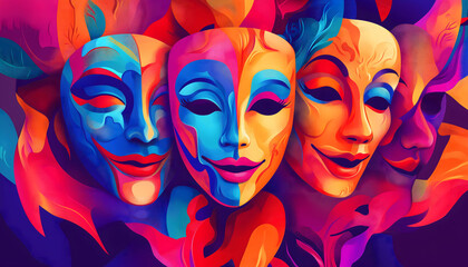 An abstract illustration of multicolored drama masks