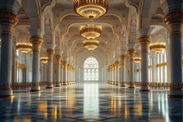 Fototapeta premium Grand Palace Hall opulent interior, sunlight streams through arched windows, marble floor, chandeliers