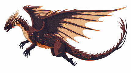 Man becomes a flying dragon with brown scales. Gigantic Creatures. Illustration