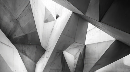 Geometric shapes create striking architectural design in this monochrome image, showcasing interplay of light and shadow on textured surfaces