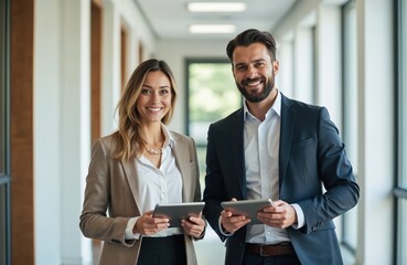 Smiling business colleagues stand in modern office corridor. Businesswoman, businessman hold digital tablets. Pro, happy team looks directly at camera. Appear to discussing project ideas. Likely in