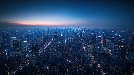 Obraz premium Cityscape twilight aerial view, urban sprawl, glowing lights, background sunset, website banner