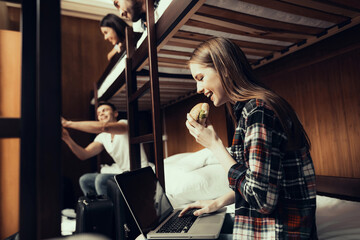 Hostel for Young People. Best Friends Traveling. Small Room in Hostel. spend time Together. bunk beds in room. Friends Sleeping. overnight in Hostel. sitting with boys. communicate. laugh