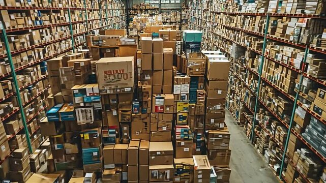Warehouse Inventory: A high-angle view of a massive warehouse filled with countless cardboard boxes stacked high on shelves, showcasing a vast inventory management system. 